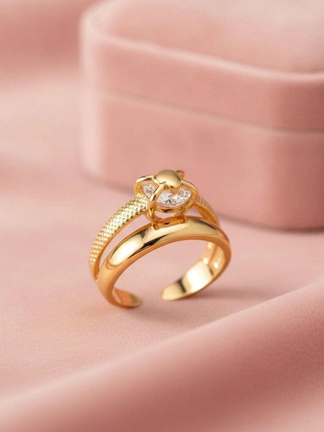 Textured Solitaire Heart Shape Gold Plated Stackable Diamond Band Ring