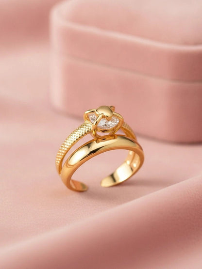 Textured Solitaire Heart Shape Gold Plated Stackable Diamond Band Ring