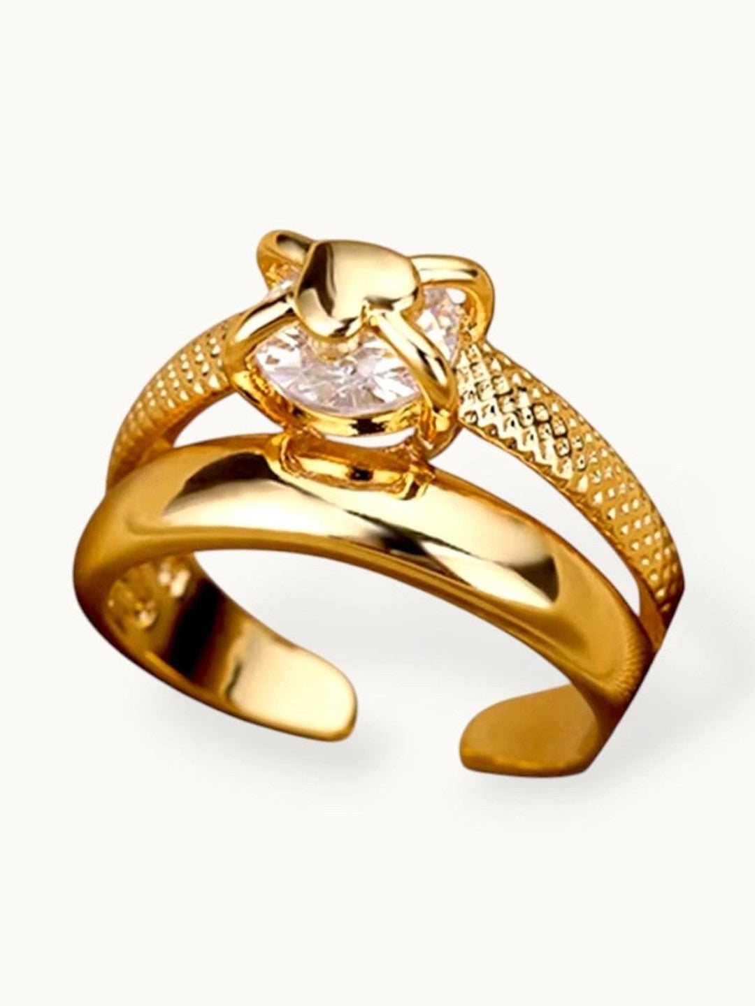 Textured Solitaire Heart Shape Gold Plated Stackable Diamond Band Ring