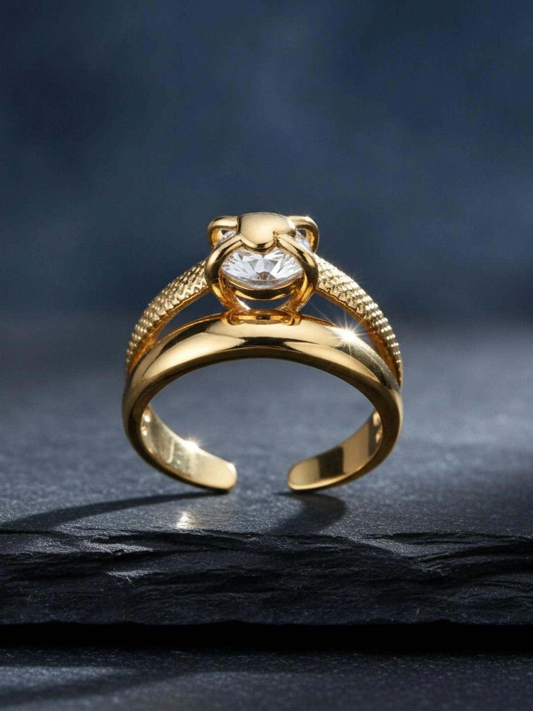 Textured Solitaire Heart Shape Gold Plated Stackable Diamond Band Ring