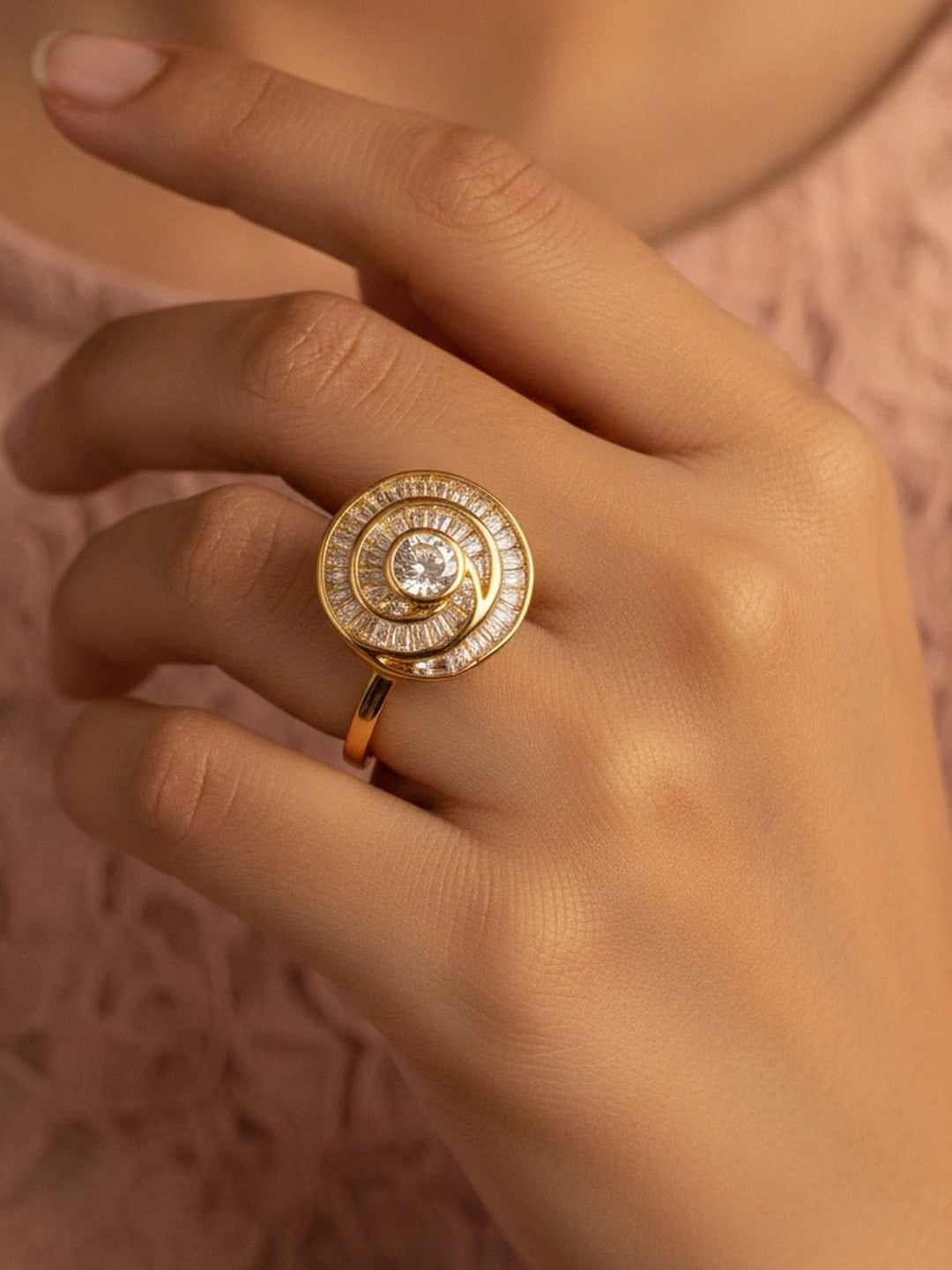Opulent Spiral Pave Cubic Zirconia Cocktail Gold-Plated Diamond Ring