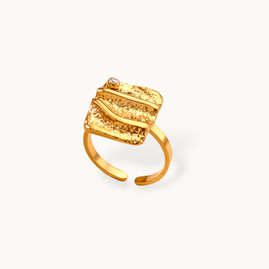 Artisanal Textured Square Solitaire Gold Statement Ring