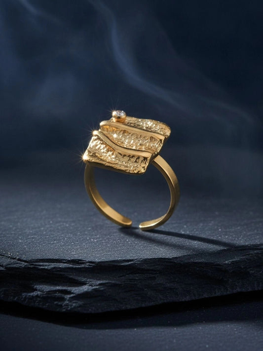 Artisanal Textured Square Solitaire Gold Statement Ring