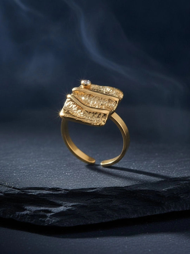 Artisanal Textured Square Solitaire Gold Statement Ring