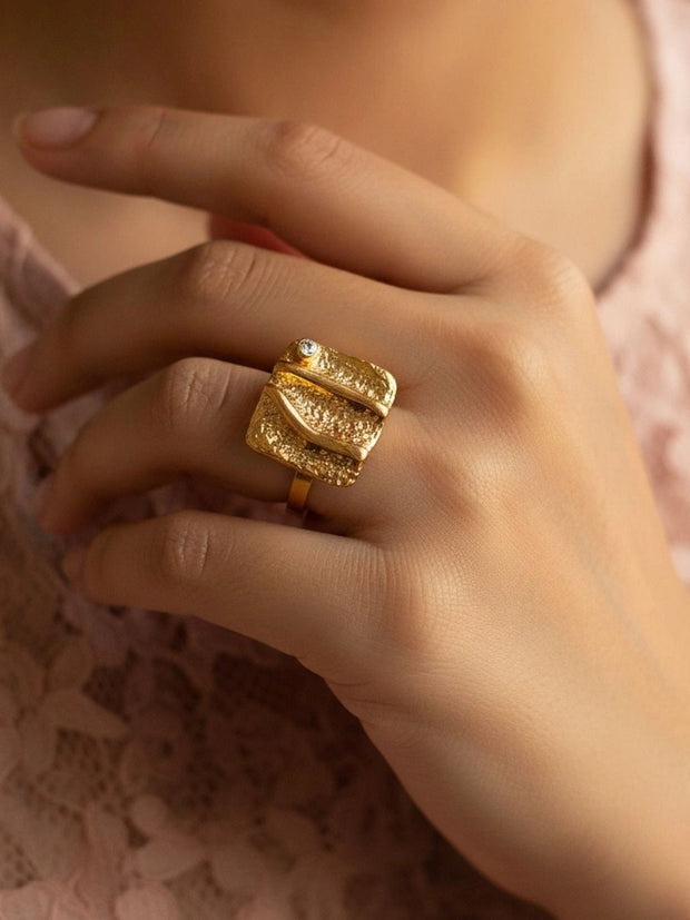 Artisanal Textured Square Solitaire Gold Statement Ring