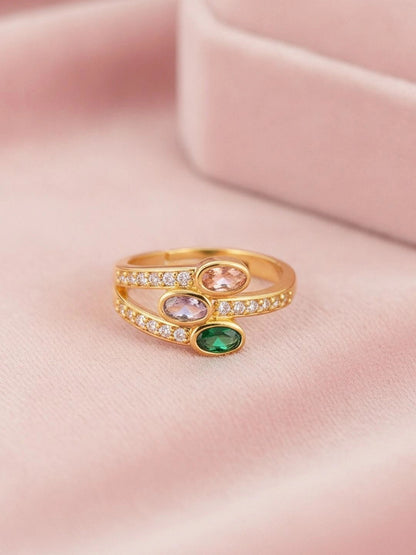 Offset Tri-Color Oval Stone Wrap Adjustable Diamond Ring