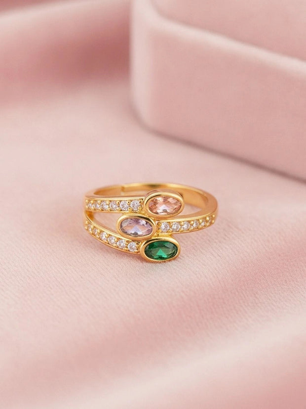Offset Tri-Color Oval Stone Wrap Adjustable Diamond Ring