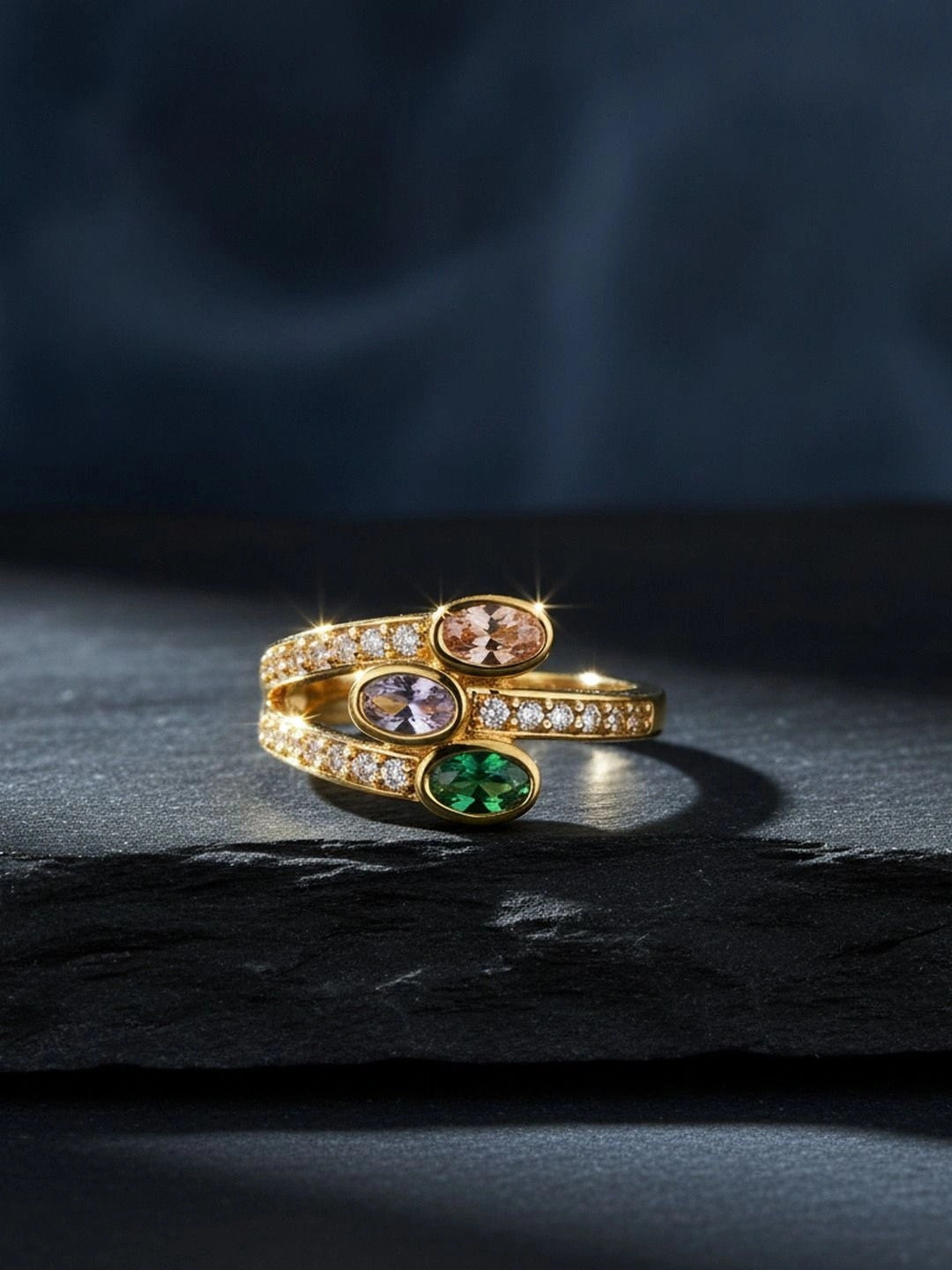 Offset Tri-Color Oval Stone Wrap Adjustable Diamond Ring