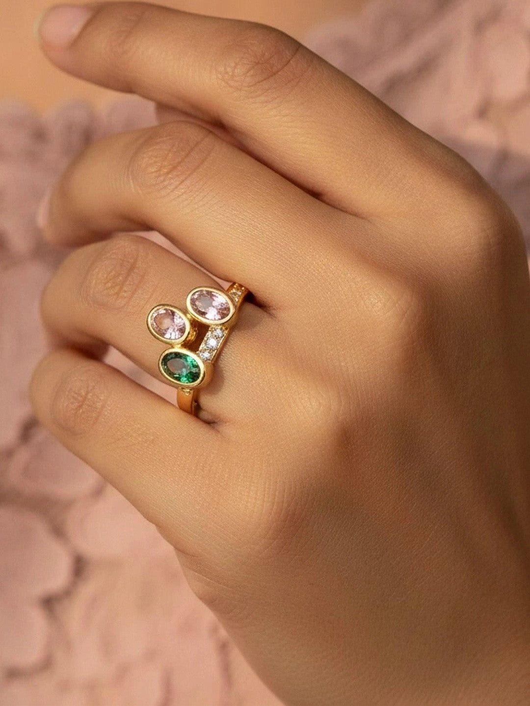 Offset Tri-Color Oval Stone Wrap Adjustable Diamond Ring