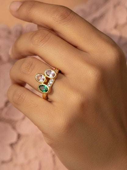 Offset Tri-Color Oval Stone Wrap Adjustable Diamond Ring