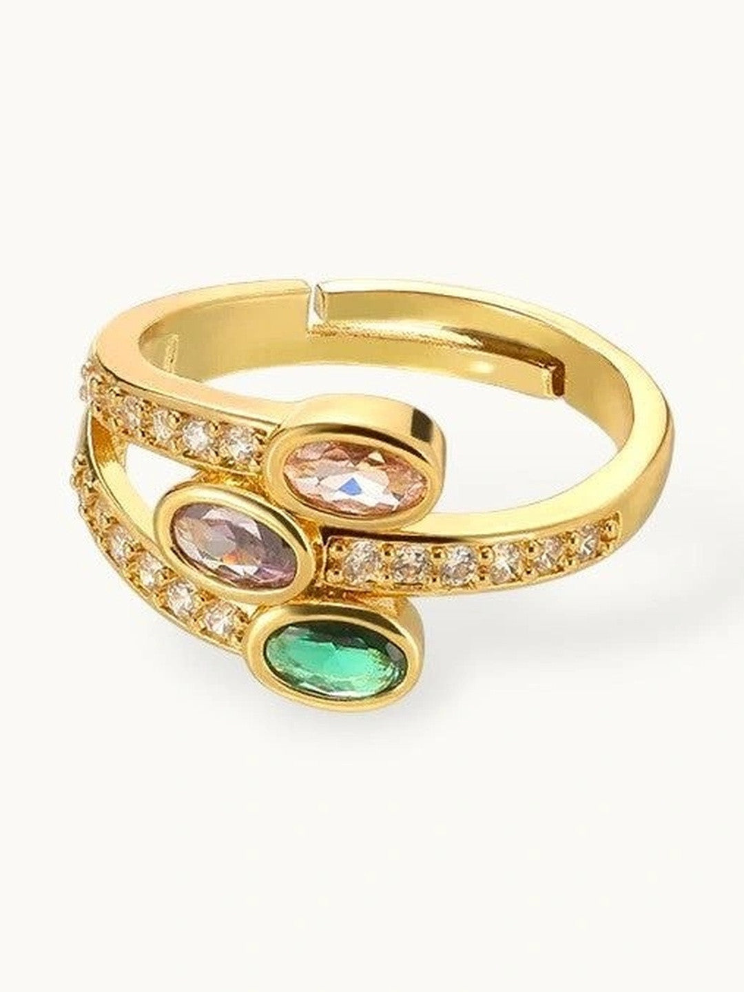 Offset Tri-Color Oval Stone Wrap Adjustable Diamond Ring