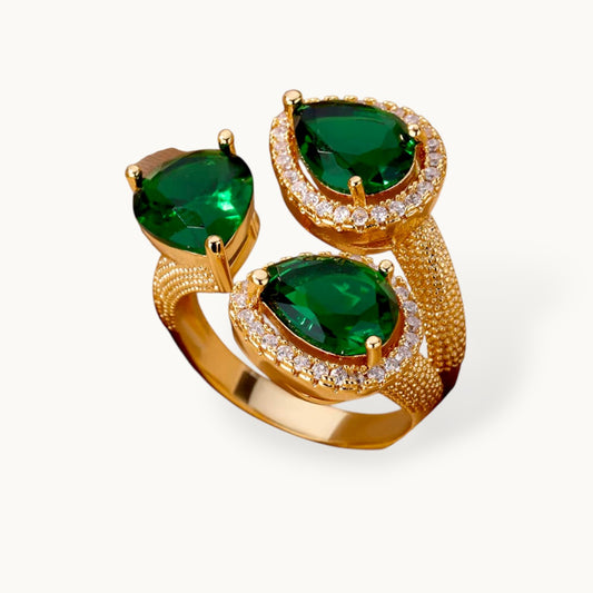 Opulent Triple Pear-Cut Emerald Cluster Cocktail Gold Statement Ring