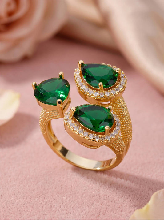 Opulent Triple Pear-Cut Emerald Cluster Cocktail Gold Statement Ring