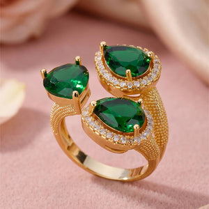 Opulent Triple Pear-Cut Emerald Cluster Cocktail Gold Statement Ring