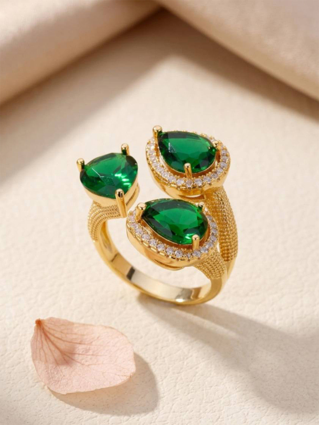 Opulent Triple Pear-Cut Emerald Cluster Cocktail Gold Statement Ring