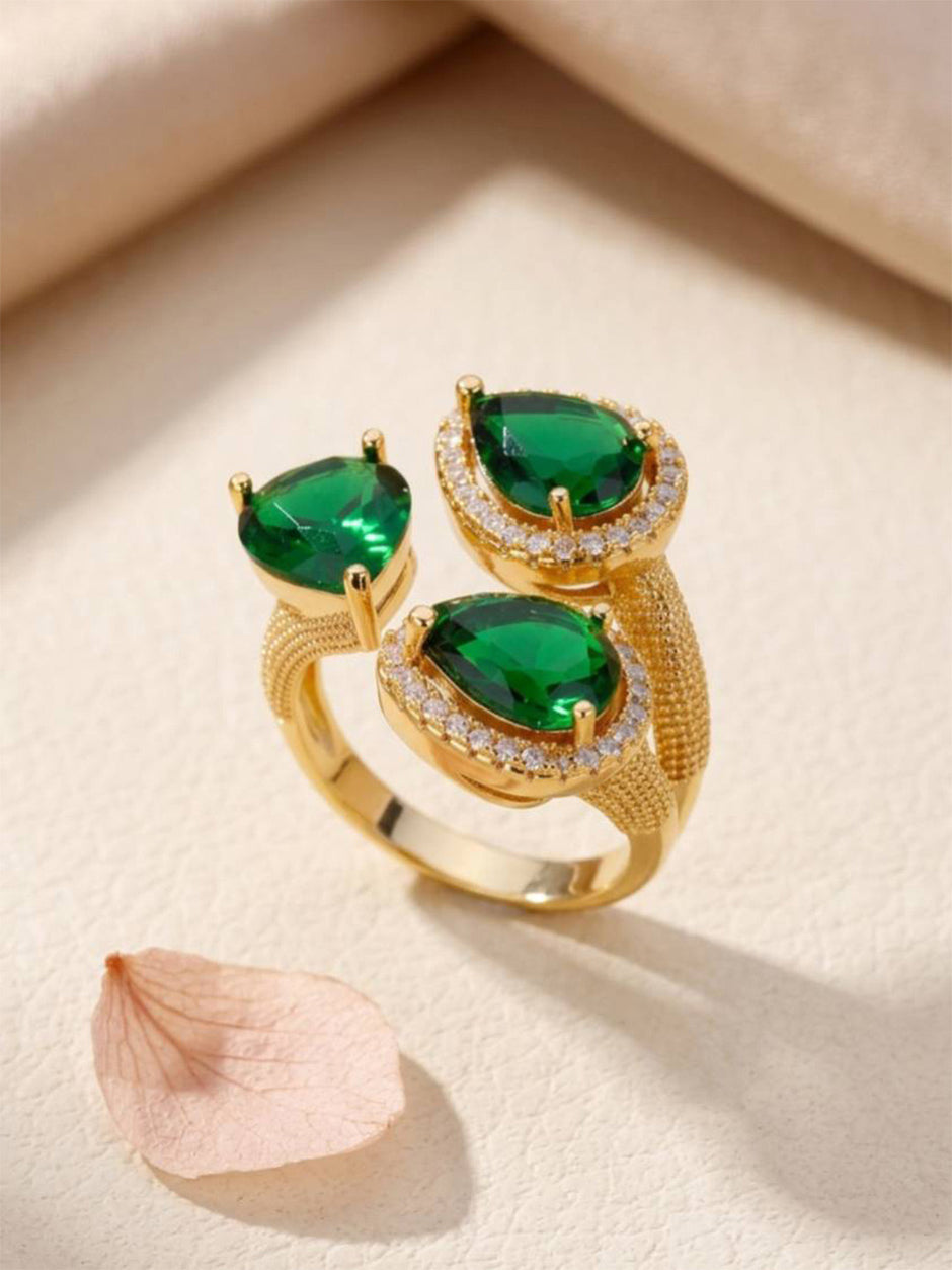 Opulent Triple Pear-Cut Emerald Cluster Cocktail Gold Statement Ring