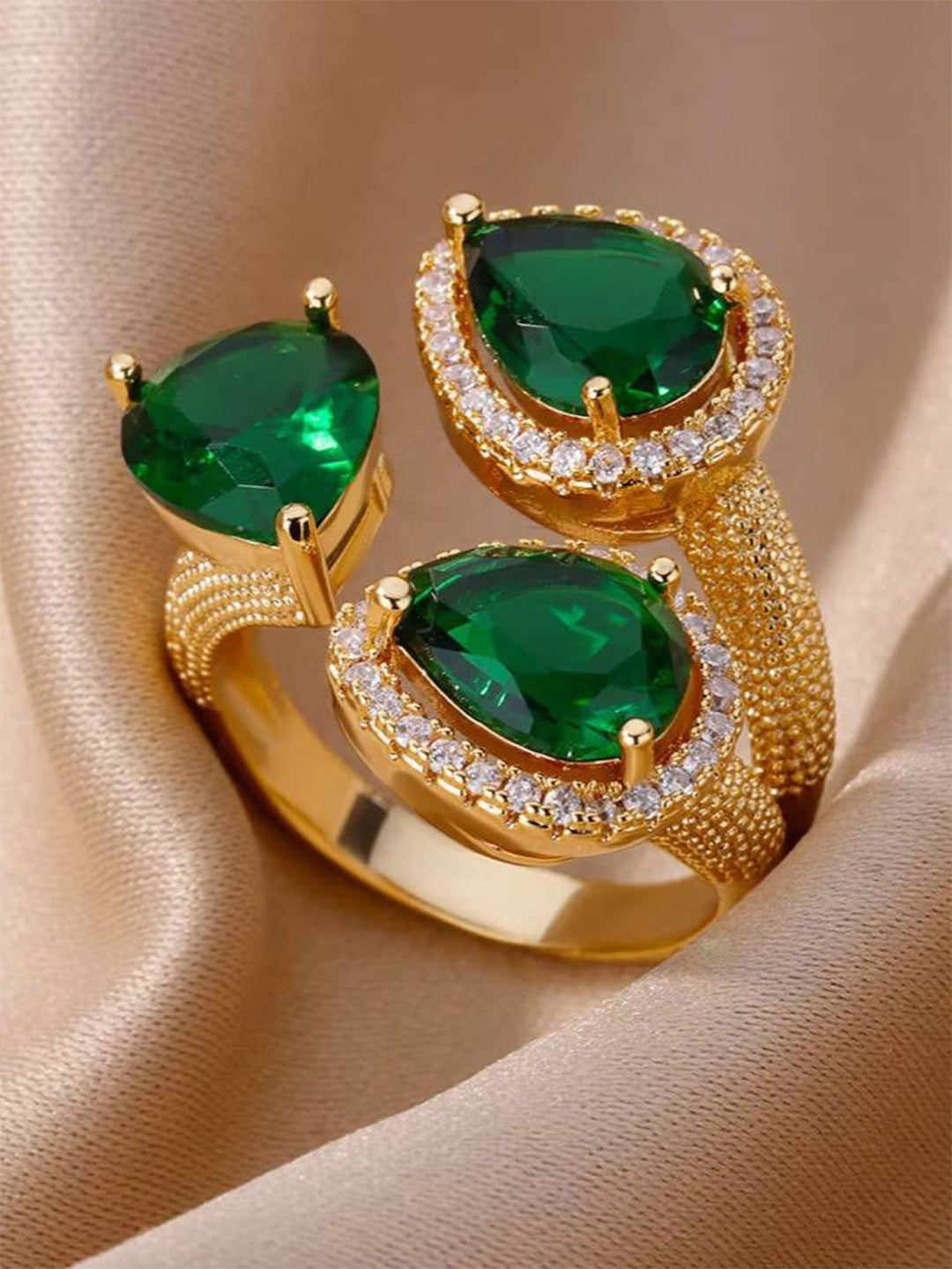 Opulent Triple Pear-Cut Emerald Cluster Cocktail Gold Statement Ring