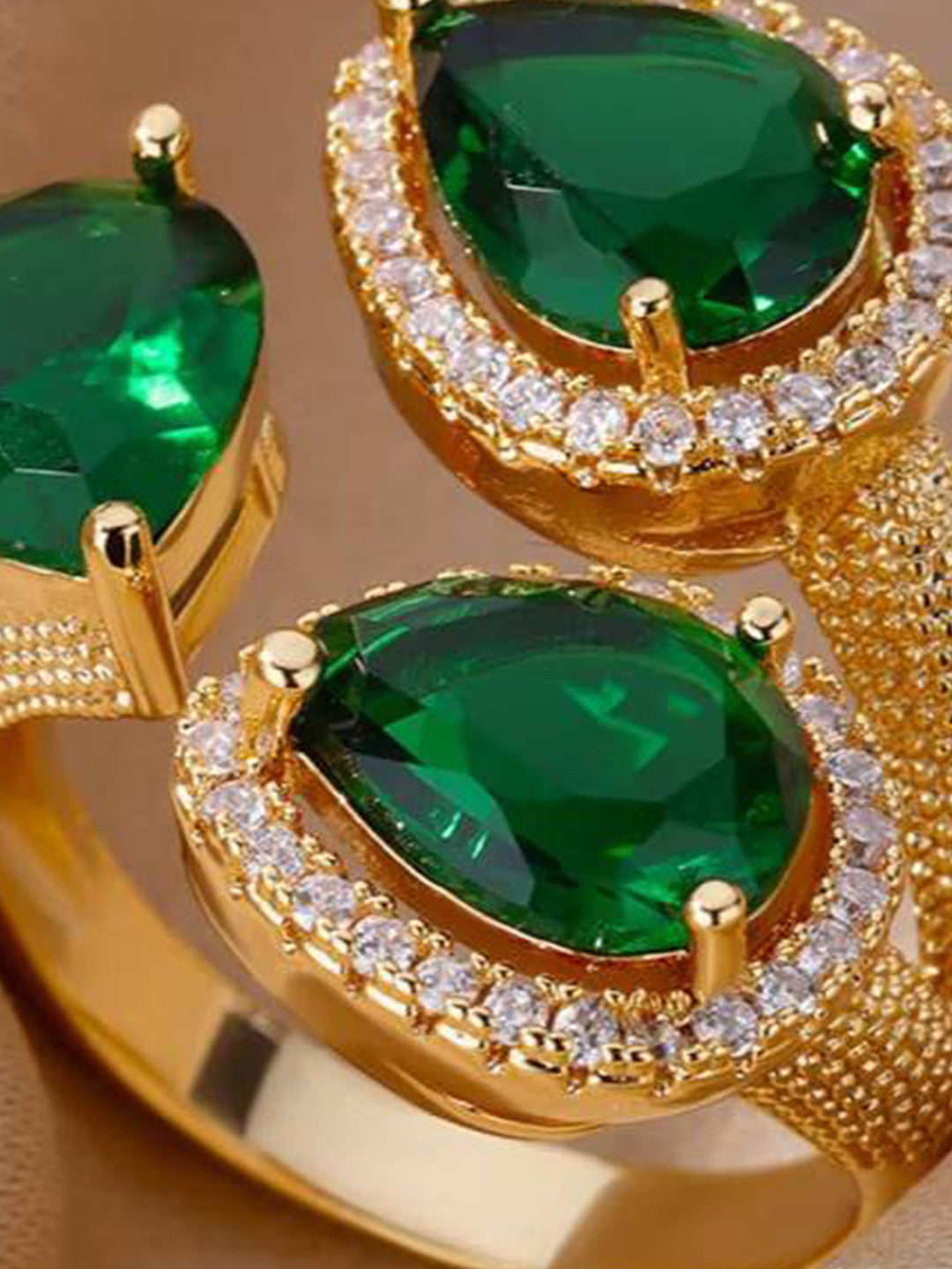 Opulent Triple Pear-Cut Emerald Cluster Cocktail Gold Statement Ring