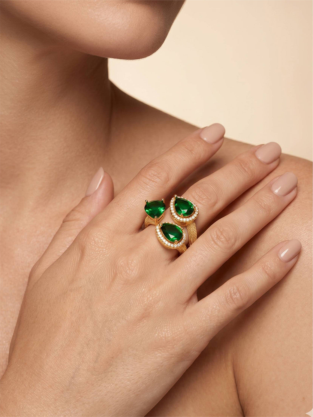 Opulent Triple Pear-Cut Emerald Cluster Cocktail Gold Statement Ring