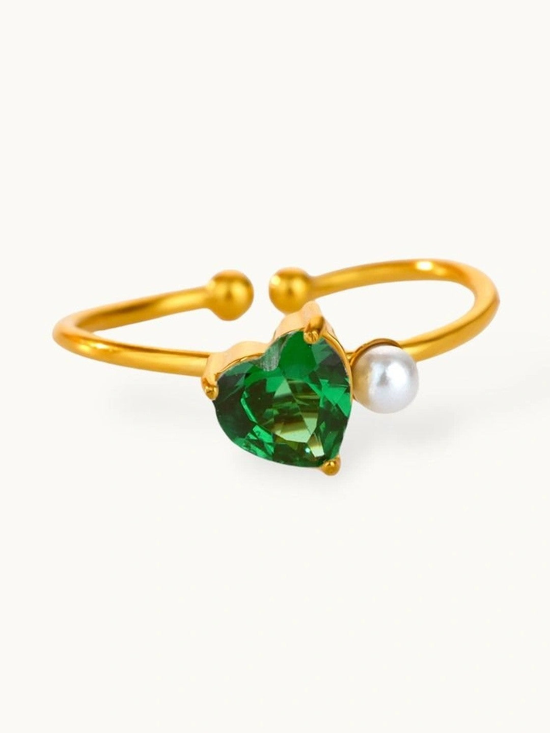 Asymmetric Heart Shape Emerald Green Stone Stackable Pearl Ring