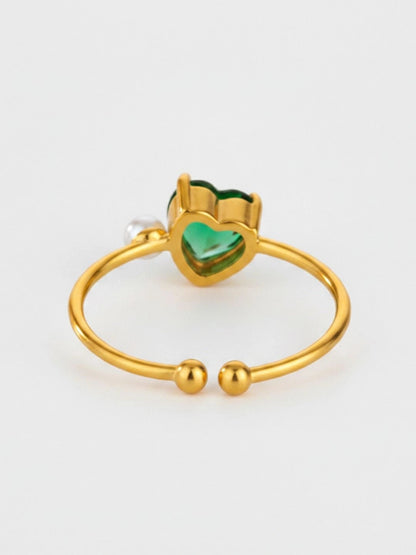 Asymmetric Heart Shape Emerald Green Stone Stackable Pearl Ring