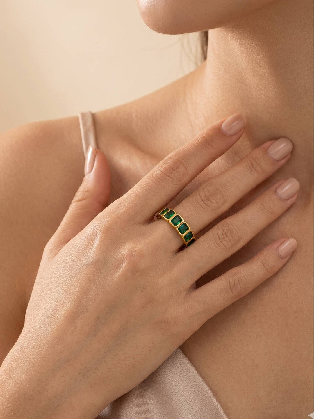 Modern Square-Cut Emerald Eternity Stackable Band Ring