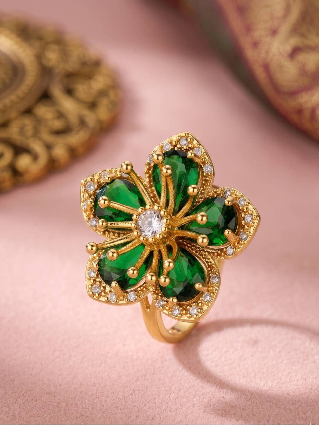 Opulent Emerald Pave Halo Floral Cocktail Statement Ring