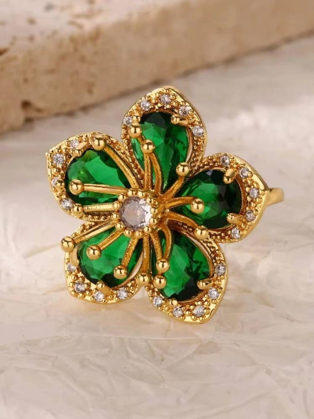Opulent Emerald Pave Halo Floral Cocktail Statement Ring