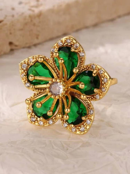 Opulent Emerald Pave Halo Floral Cocktail Statement Ring
