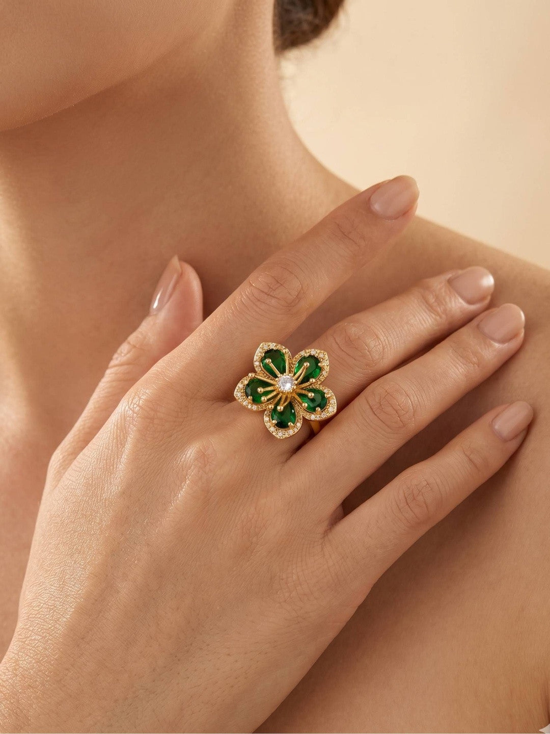 Opulent Emerald Pave Halo Floral Cocktail Statement Ring