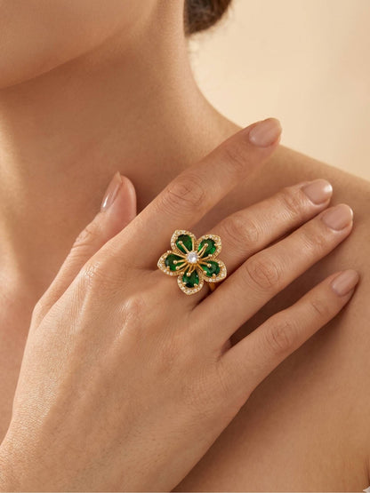 Opulent Emerald Pave Halo Floral Cocktail Statement Ring