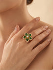 Opulent Emerald Pave Halo Floral Cocktail Statement Ring