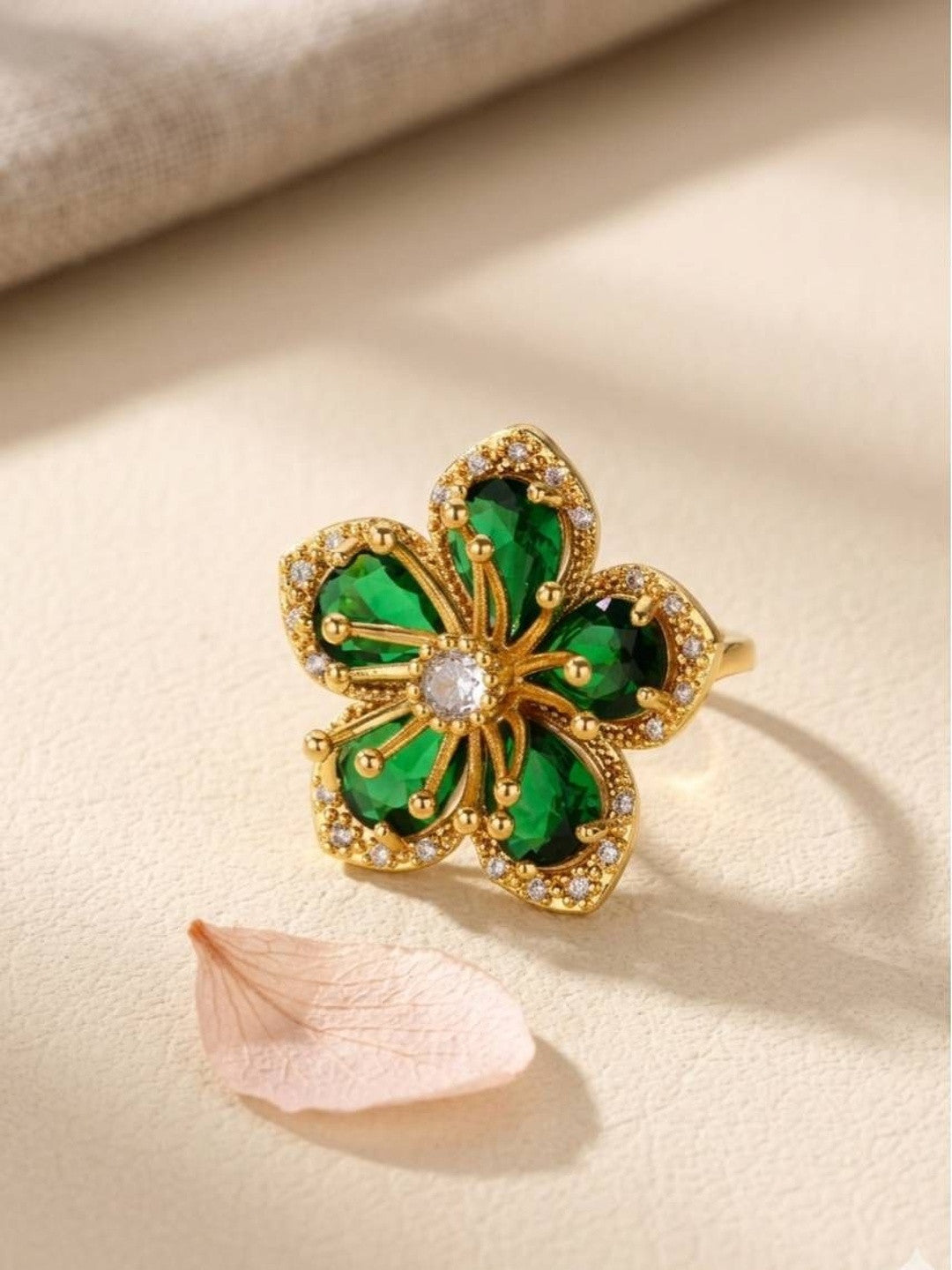 Opulent Emerald Pave Halo Floral Cocktail Statement Ring