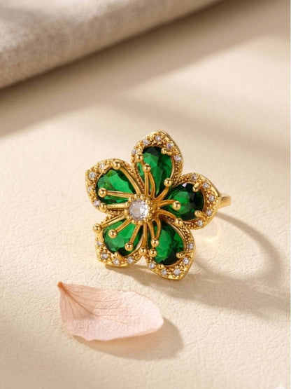 Opulent Emerald Pave Halo Floral Cocktail Statement Ring