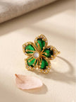 Opulent Emerald Pave Halo Floral Cocktail Statement Ring