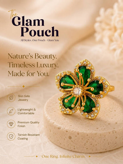 Opulent Emerald Pave Halo Floral Cocktail Statement Ring