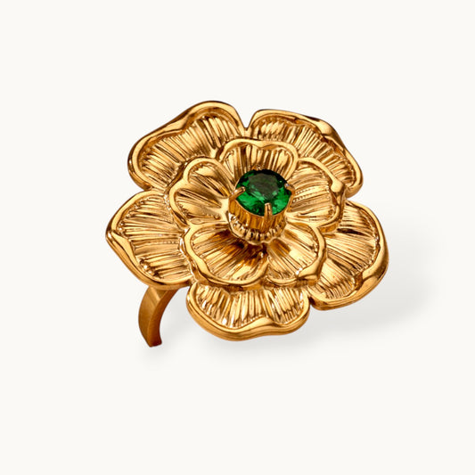 Grand Camellia Emerald Solitaire Gold Statement Ring