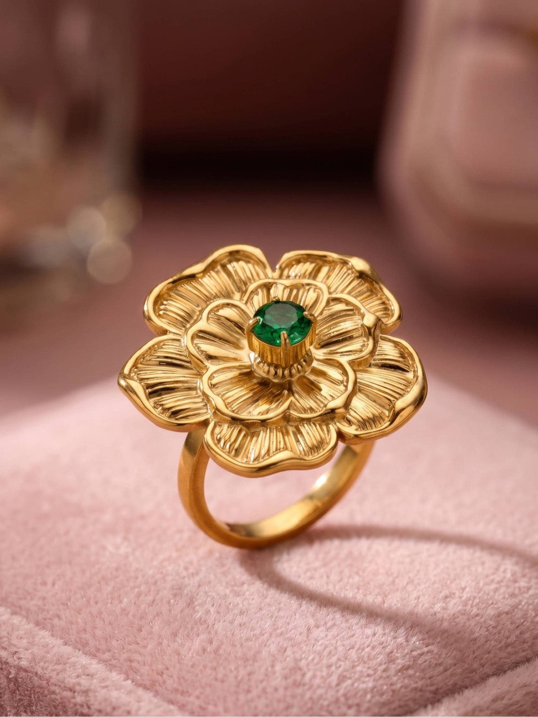 Grand Camellia Emerald Solitaire Gold Statement Ring