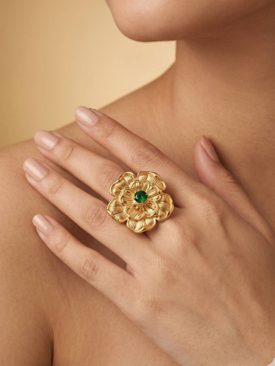 Grand Camellia Emerald Solitaire Gold Statement Ring