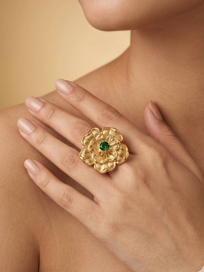 Grand Camellia Emerald Solitaire Gold Statement Ring
