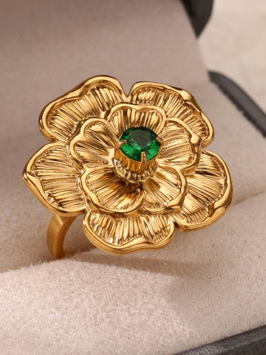 Grand Camellia Emerald Solitaire Gold Statement Ring