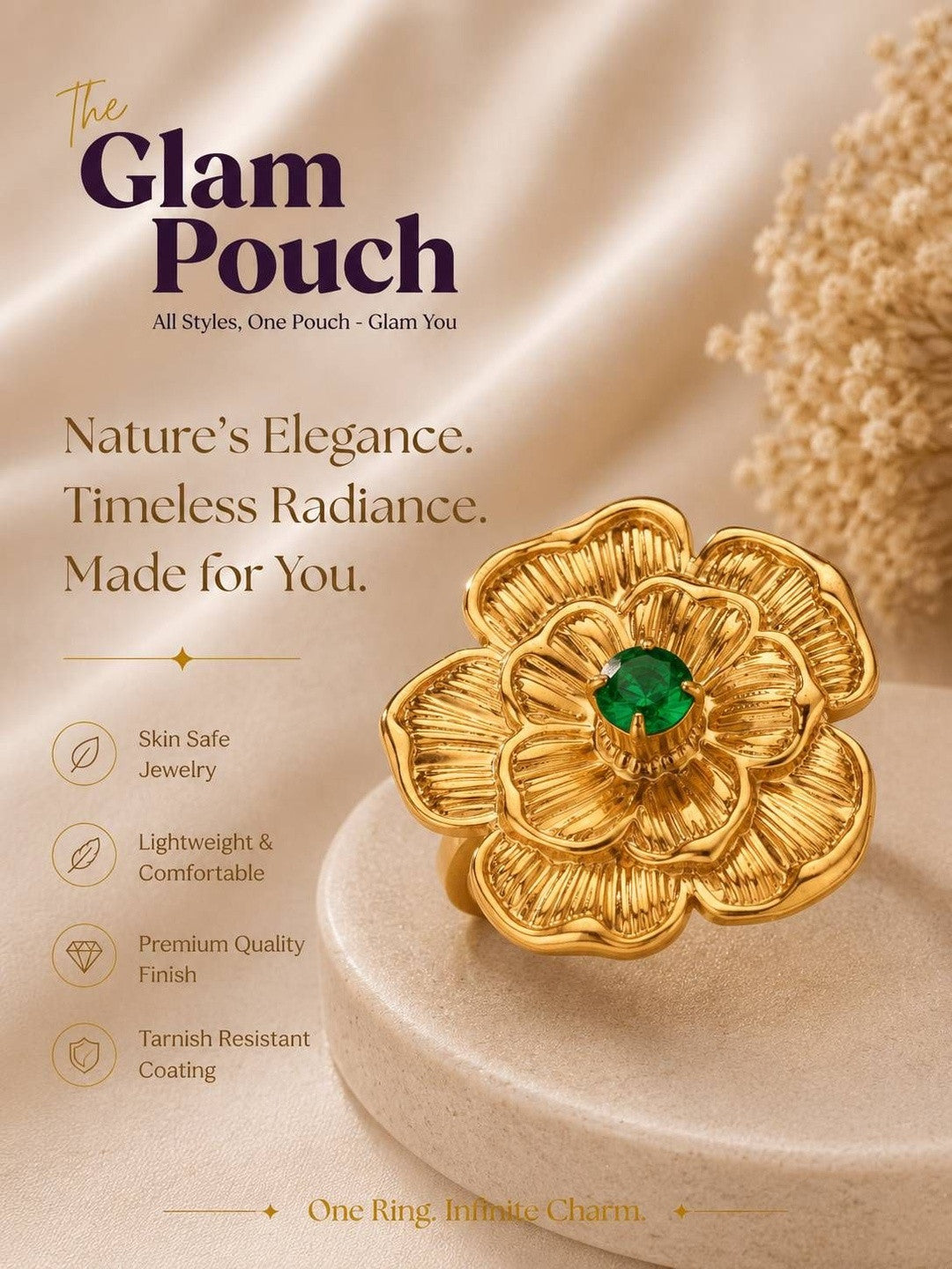 Grand Camellia Emerald Solitaire Gold Statement Ring