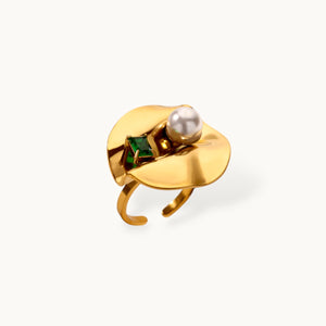 Organic Lily Pad & Emerald Accent Gold Pearl Ring
