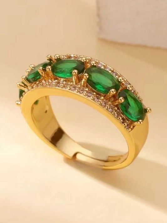 Opulent Emerald Oval Halo Stackable Gold Band Ring