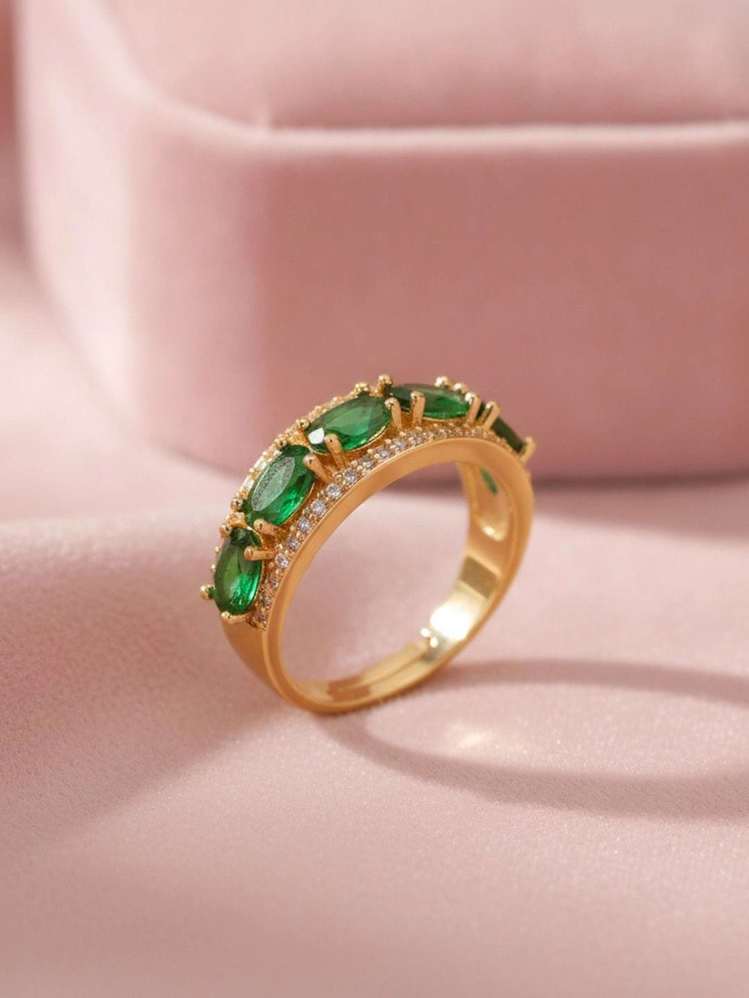 Opulent Emerald Oval Halo Stackable Gold Band Ring