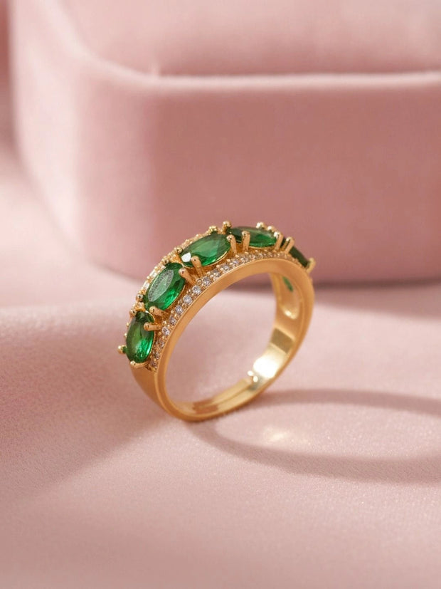 Opulent Emerald Oval Halo Stackable Gold Band Ring