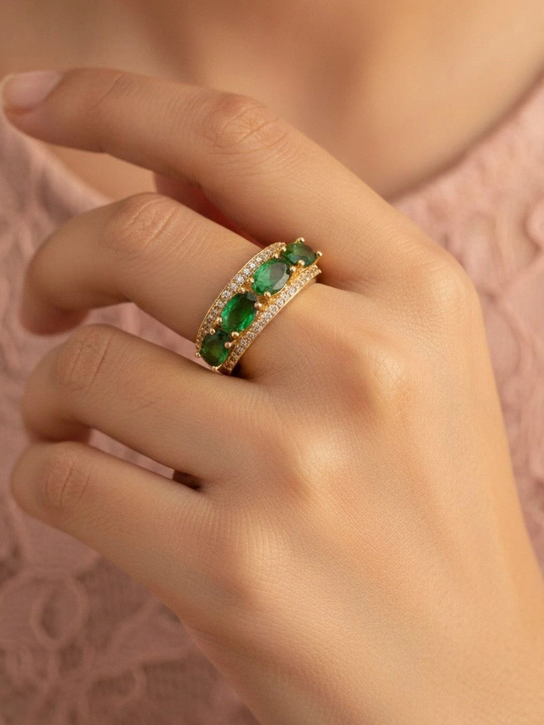 Opulent Emerald Oval Halo Stackable Gold Band Ring