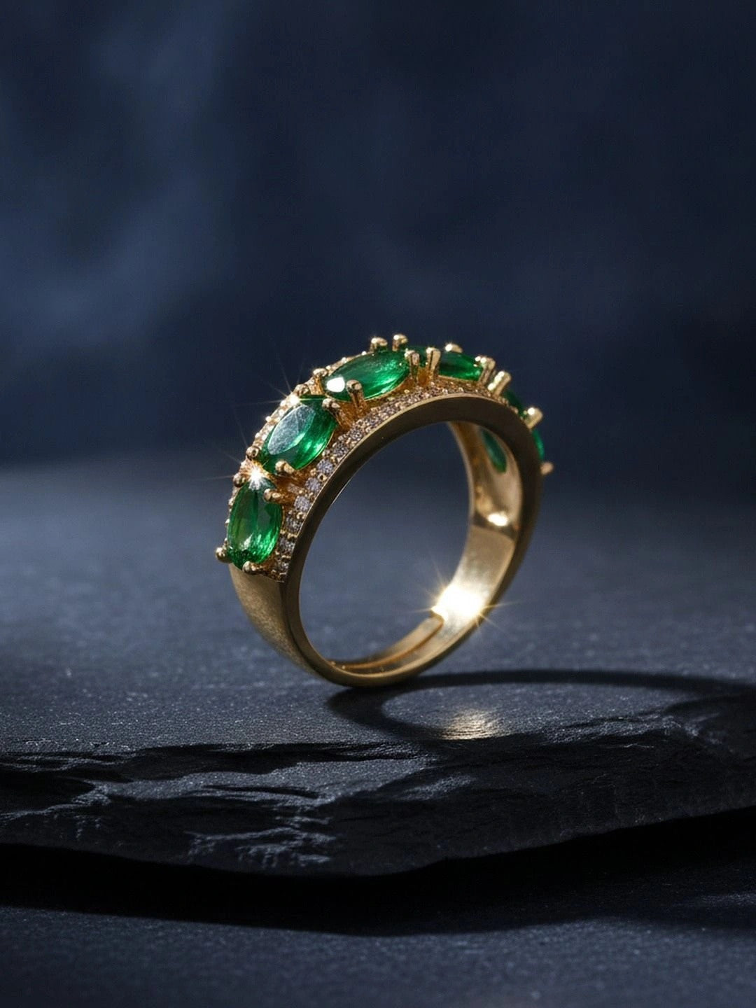 Opulent Emerald Oval Halo Stackable Gold Band Ring