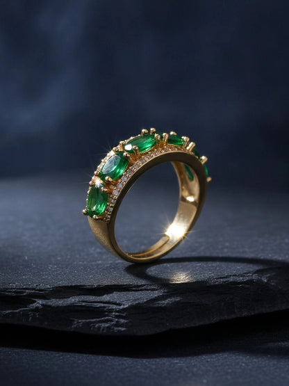 Opulent Emerald Oval Halo Stackable Gold Band Ring