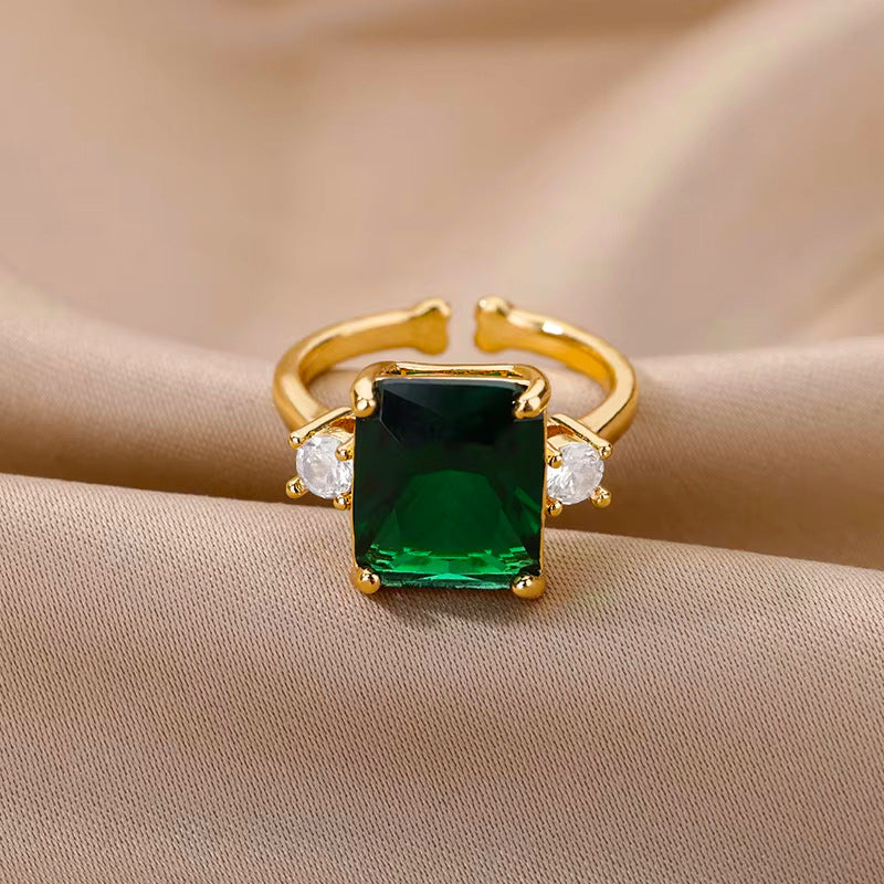 Bold Emerald-Cut Solitaire Stone Adjustable Gold Plated Ring